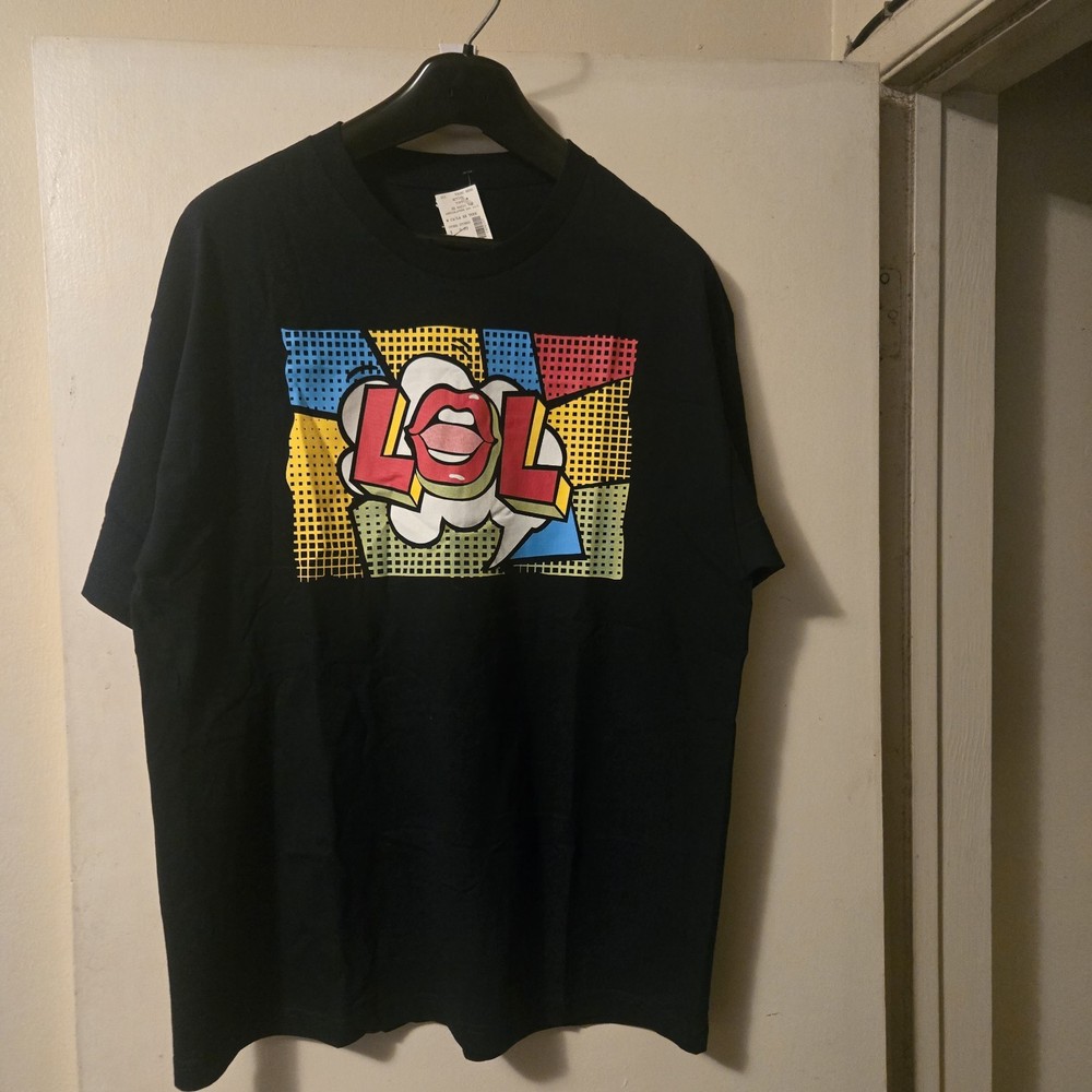 SUNA Men’s XL Black LOL Pop Art Graphic Print Crew Neck Cotton Knit T-Shirt