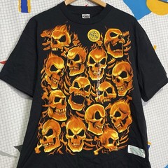 Vintage Y2K Liquid Blue Tshirt Flame Skulls Large 2006 Glow N Dark Skater Goth