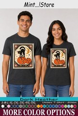 Cat Black Pumpkin Shirt, Vintage Halloween Postage Stamp Tee