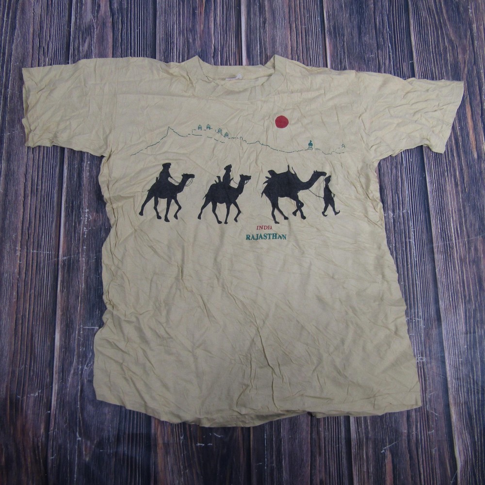 Vintage India Rajasthan Shirt Mens 2XL Tan Camel Desert Graphic Tourist Tee 90s
