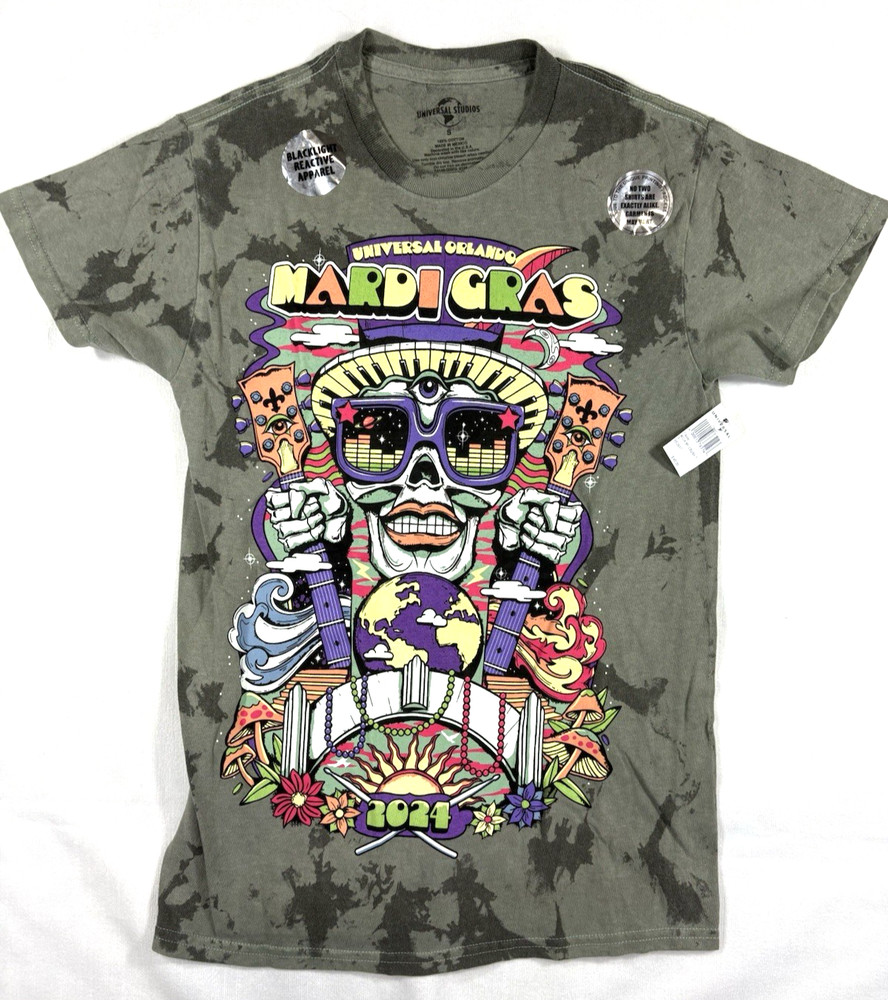 Universal Studios Orlando Mardi Gras Tshirt 2024 Mushrooms Skull Black Light NWT