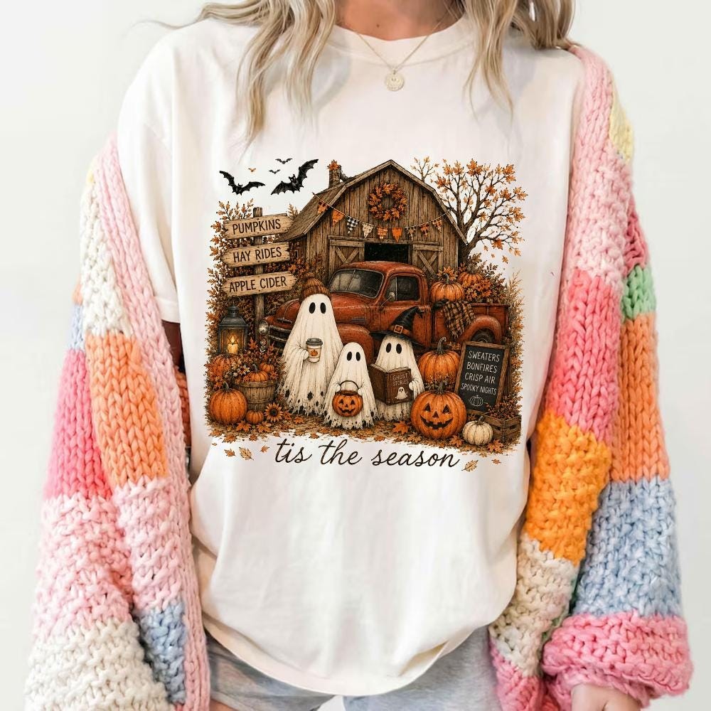Tis The Season Ghost Shirt Pumpkin Patch Farmhouse Halloween Fall Unisex Tee