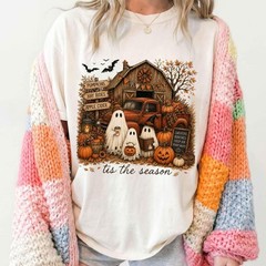 Tis The Season Ghost Shirt Pumpkin Patch Farmhouse Halloween Fall Unisex Tee