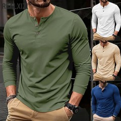 Men’s Summer Casual Long Sleeve Henry Neck T Shirts Fashion Basic Button Gift