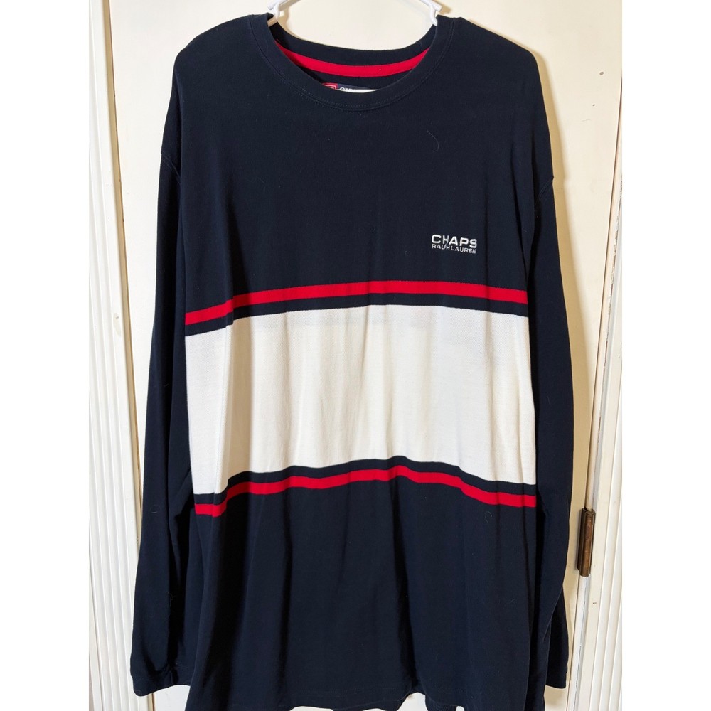 Chaps Ralph Lauren Mens XXL Long Sleeve Shirt Navy Blue White Red Colorblock TEE