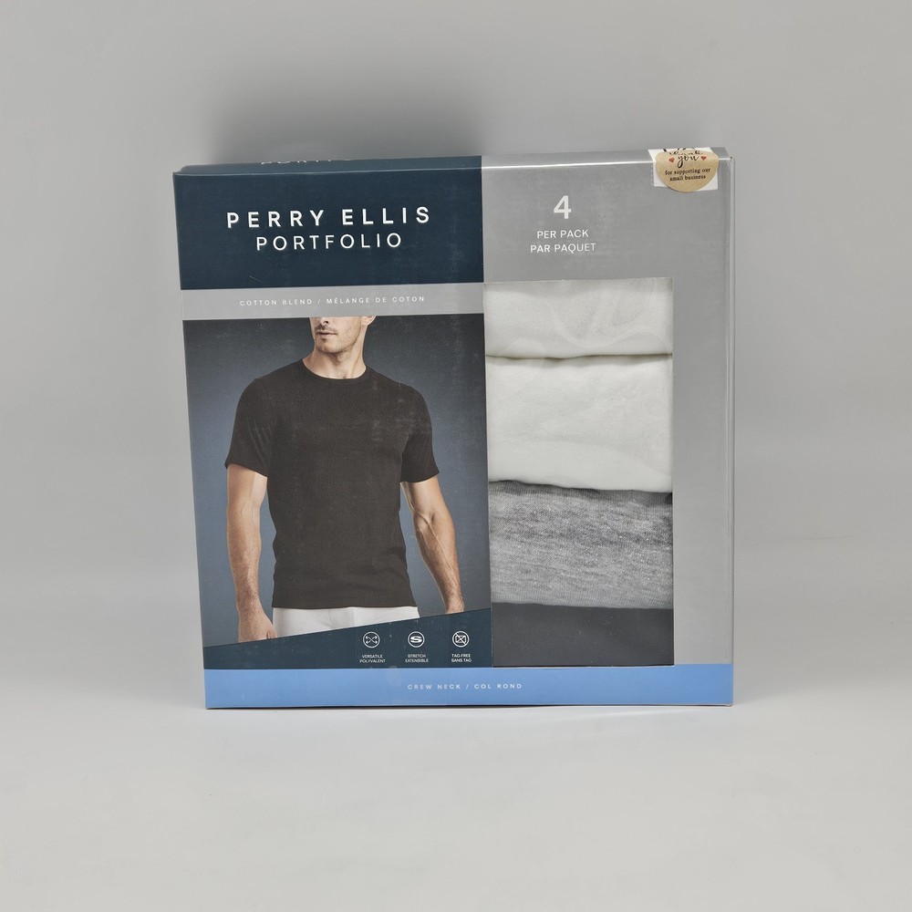 PERRY ELLIS 4 Pack Men’s L XL Crew Neck Stretch Cotton T Shirt Black Gray White