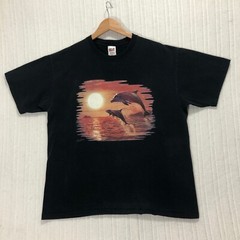 Dolphin Graphic T-Shirt Sunset Ocean Print Short Sleeve Anvil Men’s Size XL