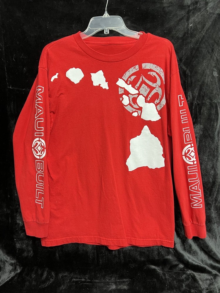 Maui Mens Red Long Sleeve Jersey t-shirt W/Graphic Print Front & Sleeves Sz Lg