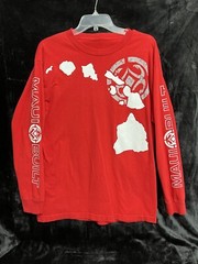Maui Mens Red Long Sleeve Jersey t-shirt W/Graphic Print Front & Sleeves Sz Lg