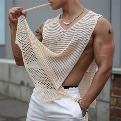 Men Sexy Hollow Out Tank Tops Openwork Side Lace Up Vest Casual Baggy Vest Basic