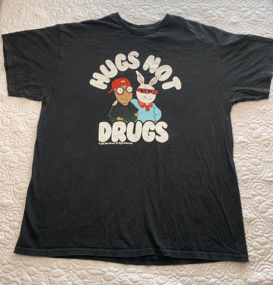 VINTAGE ARTHUR Shirt Mens Large Black Hugs Not Drugs Arthur Buster Y2K Sz L