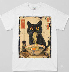 Stylish Vintage Kawaii Cat Ramen Graphic T-Shirt for Men 100 Cotton
