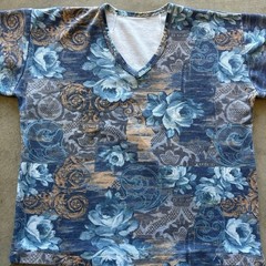 Men’s Blue Beige Floral V-Neck Short Sleeve Regular Fit T-Shirt