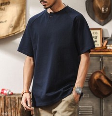 American retro T-shirt men short-sleeved summer Henry collar Navy blue