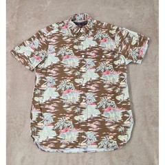 Polo ralph lauren Hawaiian shirt men M Brown tropical pleated Button down EUC