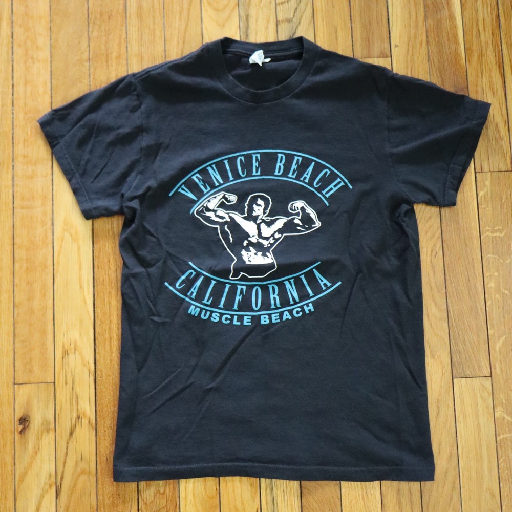 Vtg Venice Beach California Muscle Beach Bodybuilder T-Shirt Mens S Black Gym