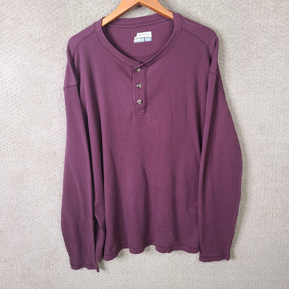 Magellan Shirt Mens XL Maroon Henley Semi Fitted Long Sleeve Waffle Knit Thermal