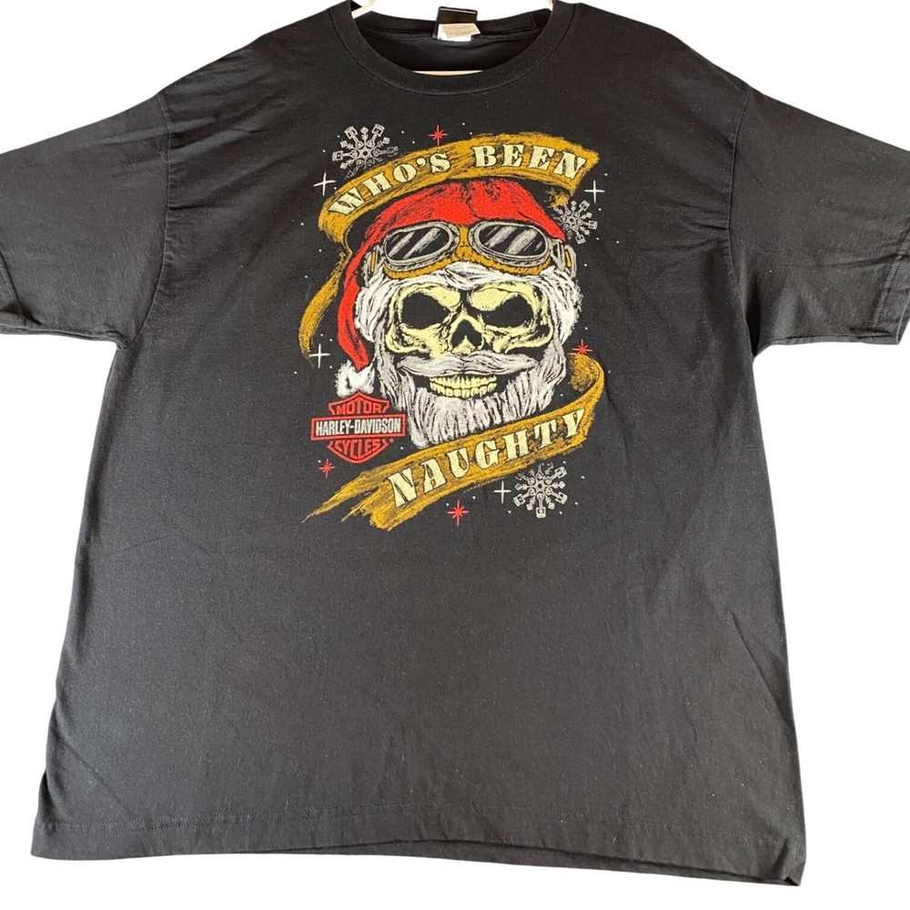 Harley Davidson Mens XLarge Skull Santa Naughty Christmas Graphic TShirt Black