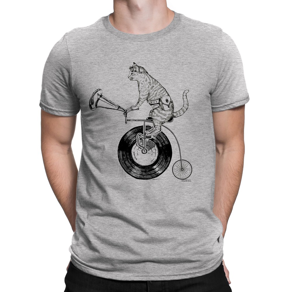 Mens Quality Cotton T-Shirt CAT VINYL GRAMOPHONE LP Record Music Gift 12″ 7″