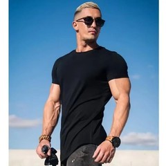 Men Muscle Fitness T-Shirt Summer Cotton Gym Workout Short Sleeve Top