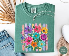 Colorful Floral Graphic Tee Hand Painted Flower Shirt Sea Foam Comfort Colors