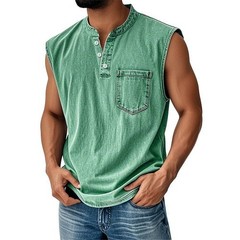 Men Sleeveless Beach Tee Hawaiian Summer Shirt Button Vest Henley Tank Tops#SML
