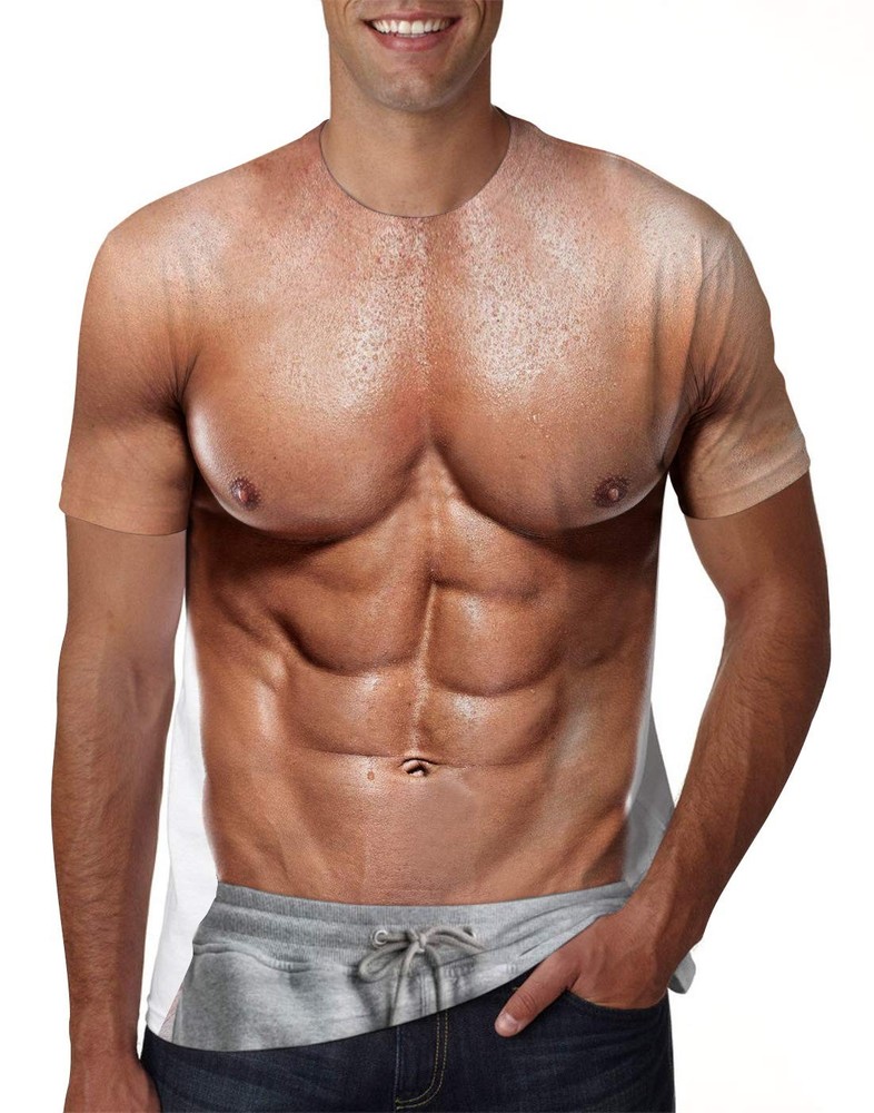 Men 3D Muscle Printed T-Shirt Funny Short Sleeve Six Pack Abs Shirt Casual Gr…