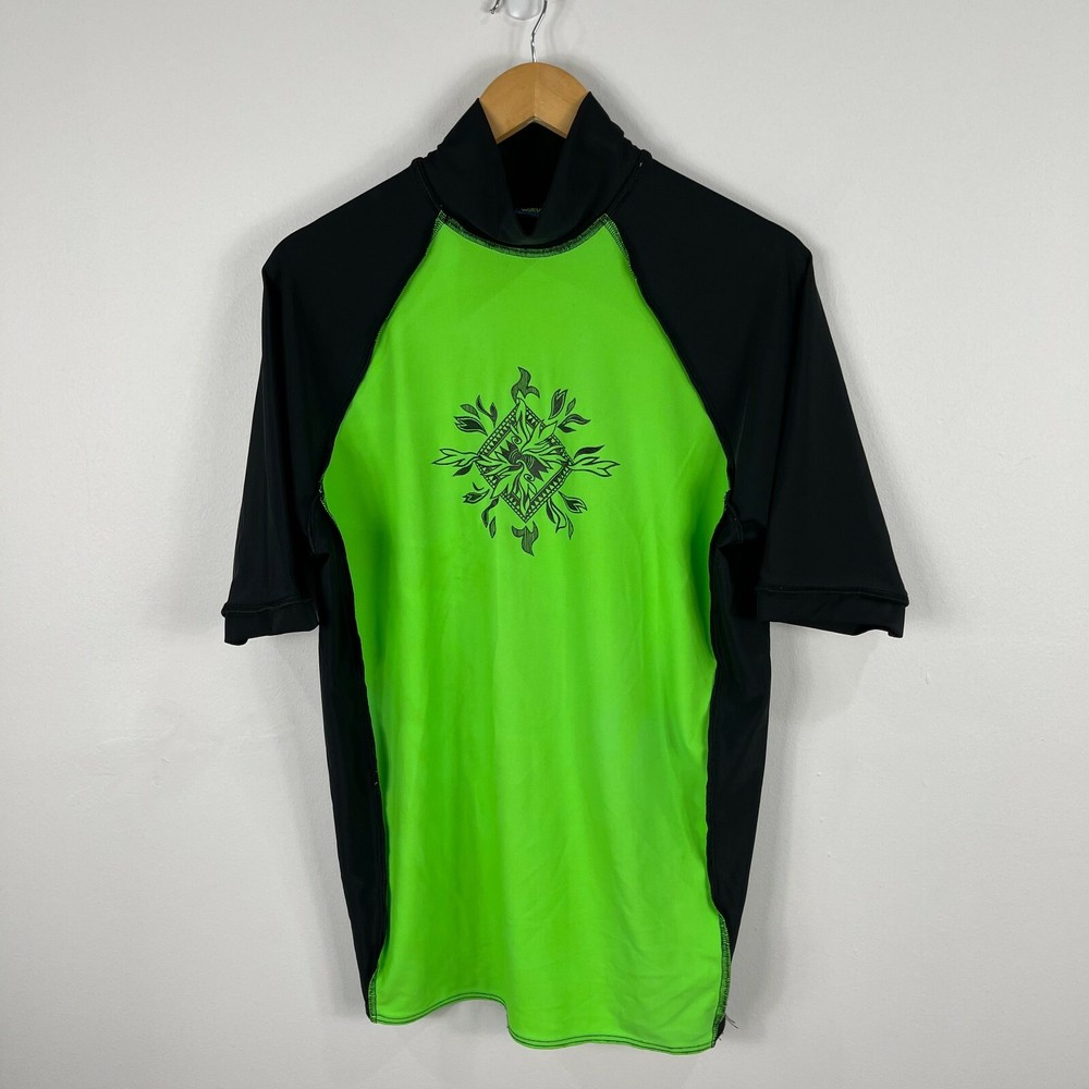 VINTAGE Waves Australia Swim Shirt Mens Size XL Green Black Short Sleeve 5919