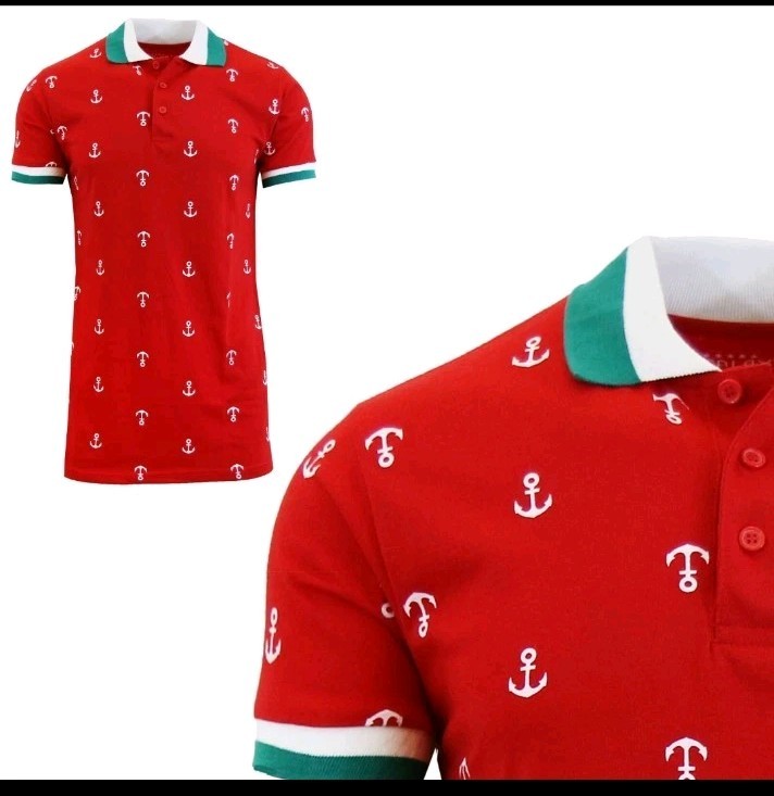 Men’s Short Sleeve Shirt Red With Nautical Theme Cotton-Blend NEW