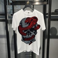 New Men Fashion Diamonds T-Shirt Skull Horror Rhinestones Hot Drill Short Sleeve