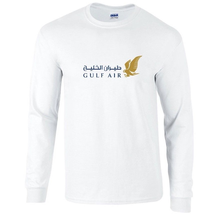 Gulf Air Blue Gold Logo Bahrain Airline White Long Sleeve Cotton T-shirt