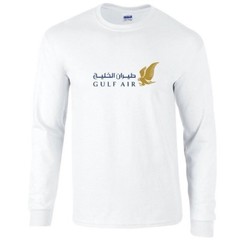 Gulf Air Blue Gold Logo Bahrain Airline White Long Sleeve Cotton T-shirt