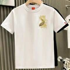Men’s Luxury Koi Fish Embroidered Cotton T-Shirt Casual Short Sleeve Slim Fit Te