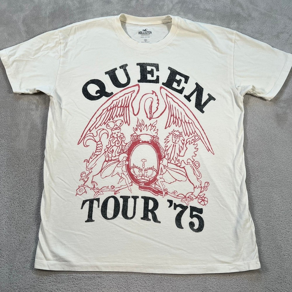 Hollister Queen Tour 75 Graphic T-Shirt Men’s Small Cream Cotton Rock Band Tee