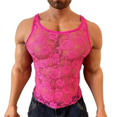 Men’s Stretchy Floral Lace Mesh Tank Top Sleeveless Fitted Vest for Vacation