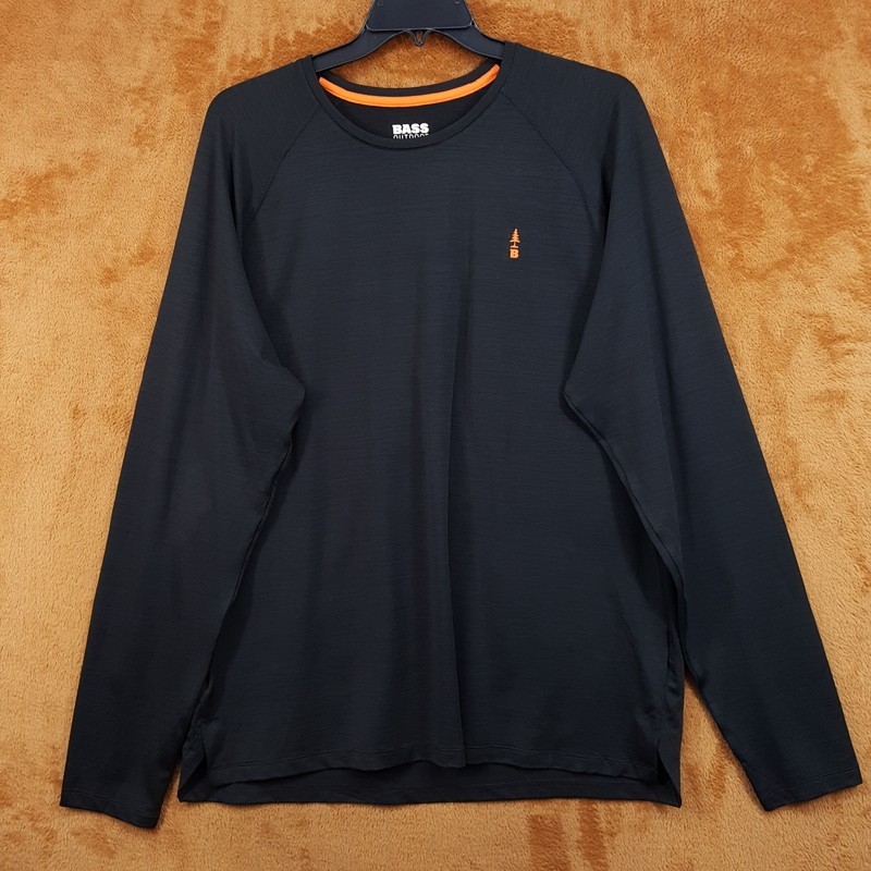 Bass Outdoor Shirt Mens XXL Black Long Sleeve Performance Pullover Crew Logo