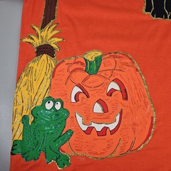 Jerzees Vintage Orange Halloween Applique Painted Black Cat T Shirt Size XL USA