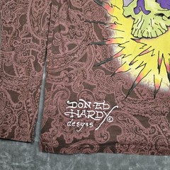 Ed Hardy Shirt Mens XL Brown Long Sleeve Tiger Skull Tattoo Graphic Tee Paisley