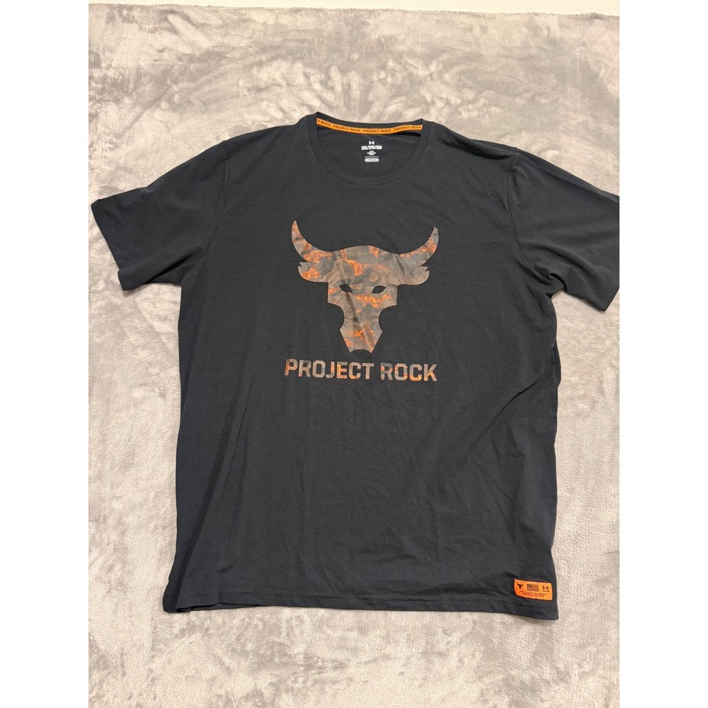 Under Armour Project Rock T-Shirt Men 2XL Black Orange Brahma Bull Graphic Tee