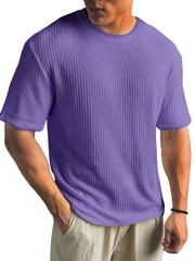 Mens Summer T Shirt Casual Ribbed Crew Neck Short Sleeve Solid Color Tee Top