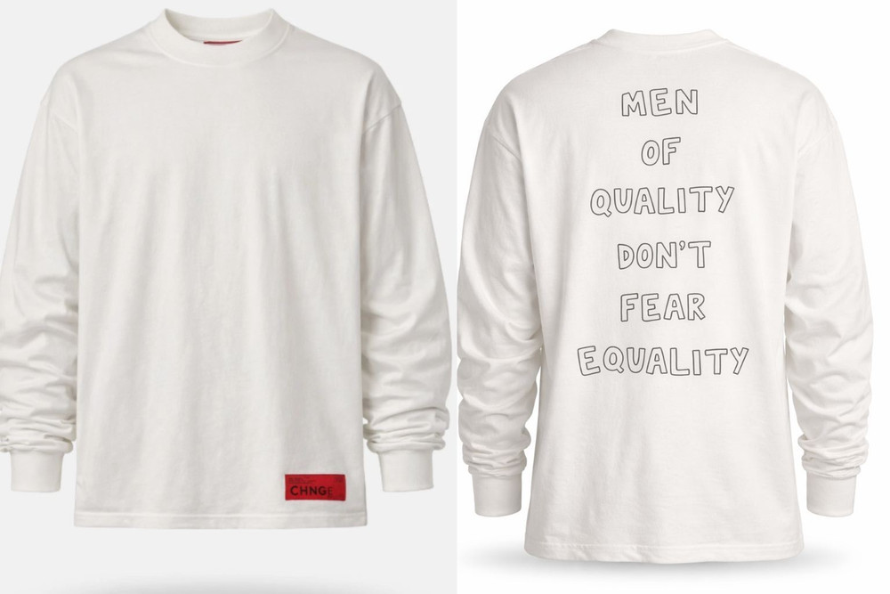 CHNGE Men of Quality Don’t Fear Equality Crew Cuff Long Sleeve Shirt, White, 3XL