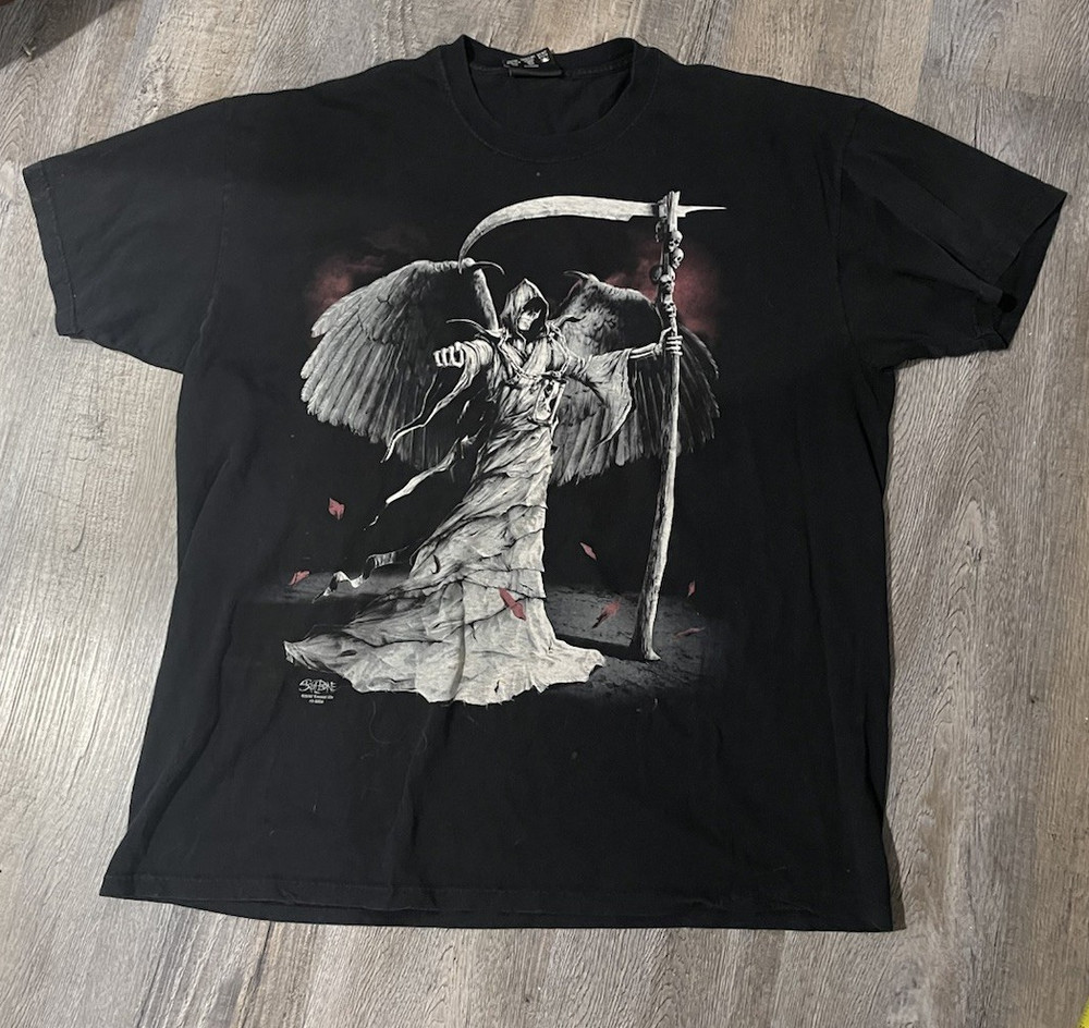 RARE Vintage 2000s Skulbone Men’s 2XL Black Grim Reaper Graphic Print T-Shirt