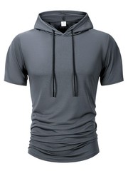 Men Summer Hoodie Short Sleeve Solid Color Loose Drawstring Pullover Top Casual