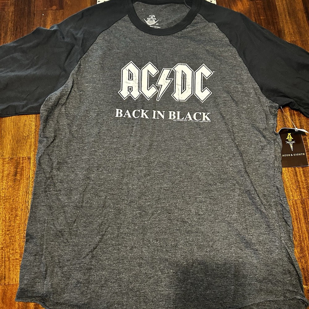 NWT AC/DC Back In Black Aces & Eights 2004 3/4 Sleeve Shirt Tour Dates Angus