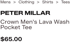 NEW PETER MILLAR, MENS SIZE XL, LAVA WASH ‘CLAY ROSE’ POCKET T-SHIRT-MSRP $65.00