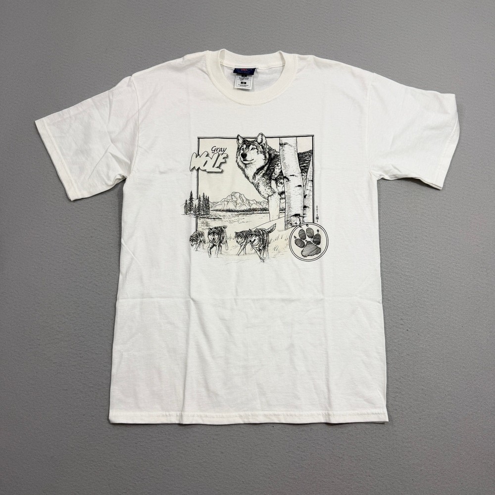 Vintage Gray Wolf Shirt Men’s Medium White 90s Wolves Nature Animals Outdoors