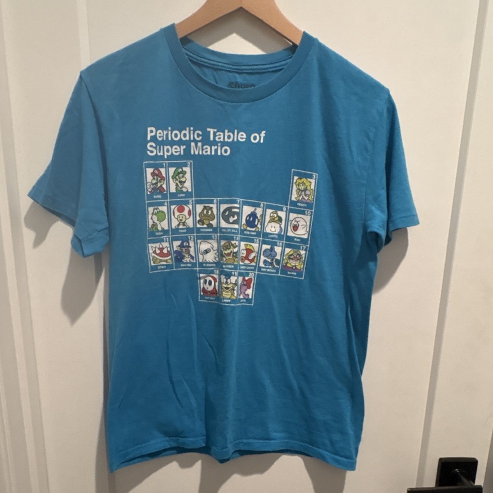 Super Mario Periodic Table Graphic Blue Cotton Polyester Crew Neck Men’s XL