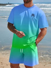 Two-piece men’s casual sportswear set with a Hawaiian-inspired gradient design