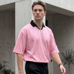 Men’s Contrast Collar Jersey T Shirt Loose Fit Short Sleeve Streetwear Top