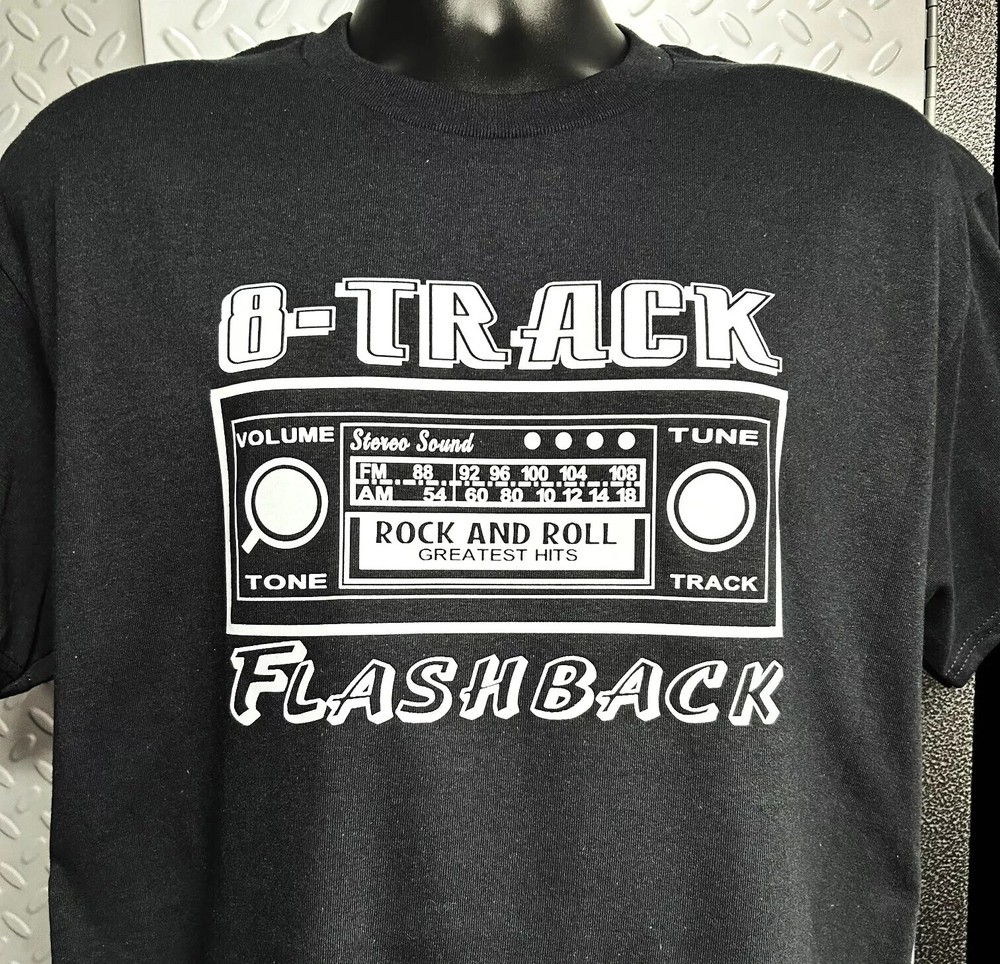 8 TRACK FLASHBACK MENS T SHIRT LARGE FRONT PRINT RETRO MUSIC ROCK N ROLL CLASSIC